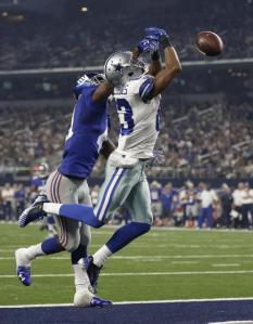 New York Giants cornerback Dominique Rodgers-Cromartie (41) is called for pass interferance against Dallas Cowboys wide receiver Terrance Williams (83) during the second half of an NFL football game Sunday, Sept. 13, 2015, in Arlington, Texas. (AP Photo/Brandon Wade)